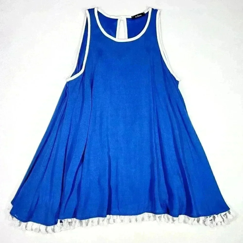 Ces femme Women's Sleeveless Swing Tank Small Royal Blue/White Tassel Hemline